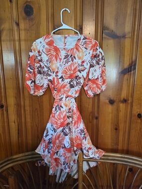 SHEIN Coral Floral Puff-Sleeve High-Low Dress